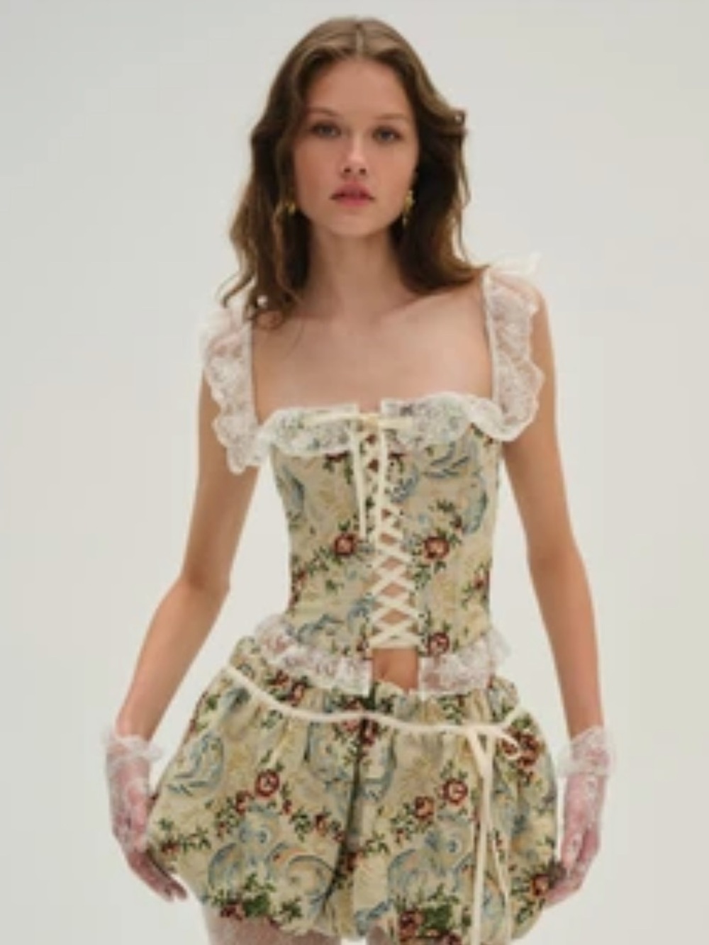 For Love And Lemons Floral Baroque Jacquard Corset Top in Cream